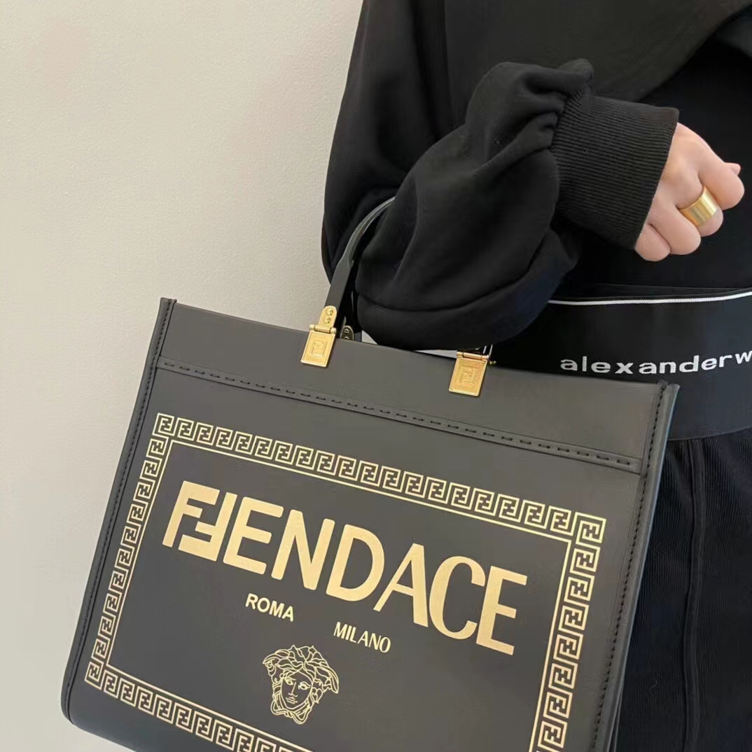 Fendi Women FF Sunshine Medium Fendace Printed Black Leather Logo Shopper