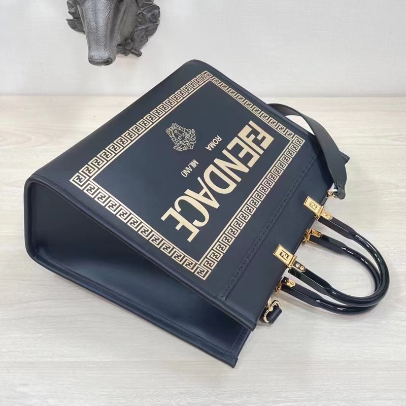 Fendi Women FF Sunshine Medium Fendace Printed Black Leather Logo Shopper