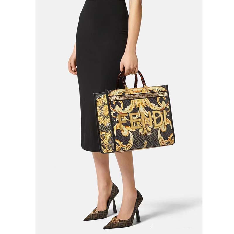 Fendi Women Fendi Sunshine Medium Fendace Printed FF Leather Shopper