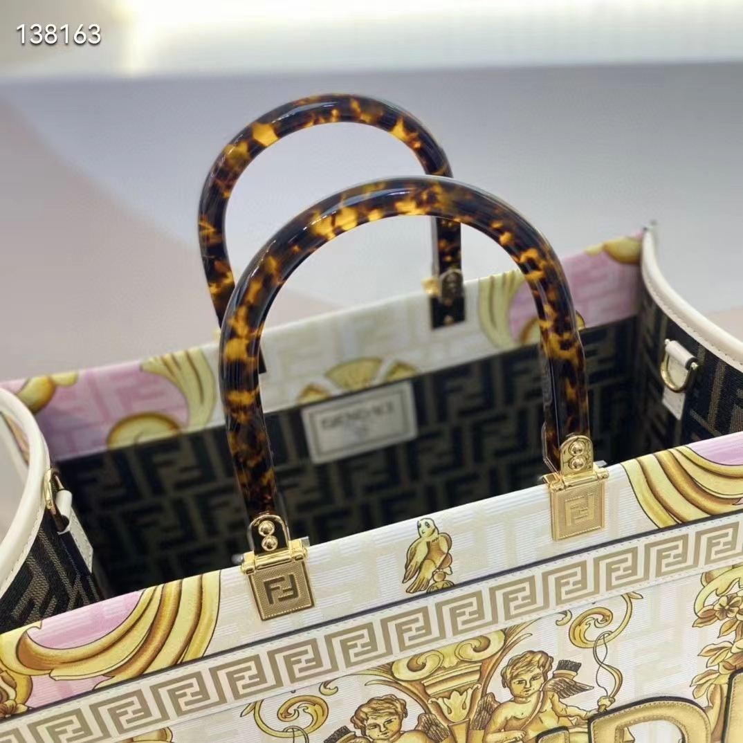 Fendi Women Fendi Sunshine Medium Fendace Printed FF White Leather Shopper