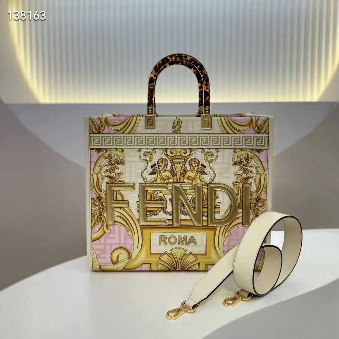 Fendi Women Fendi Sunshine Medium Fendace Printed FF White Leather Shopper
