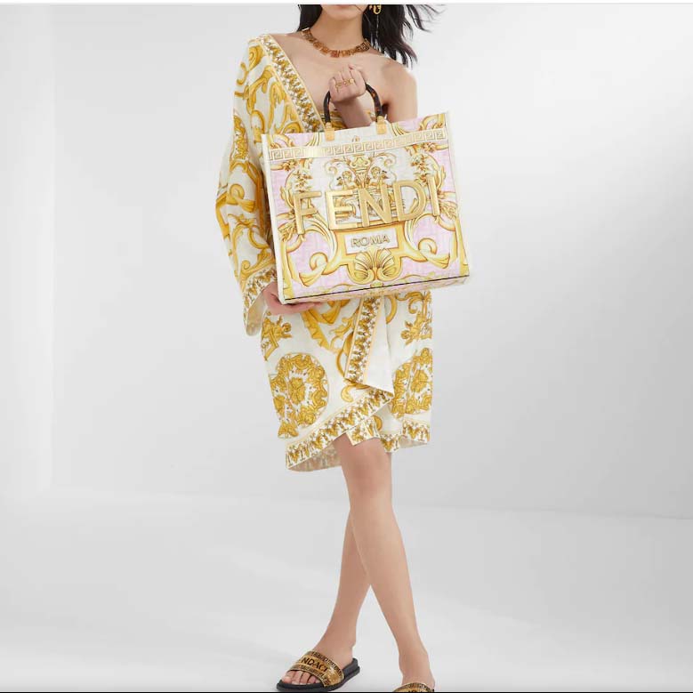 Fendi Women Fendi Sunshine Medium Fendace Printed FF White Leather Shopper
