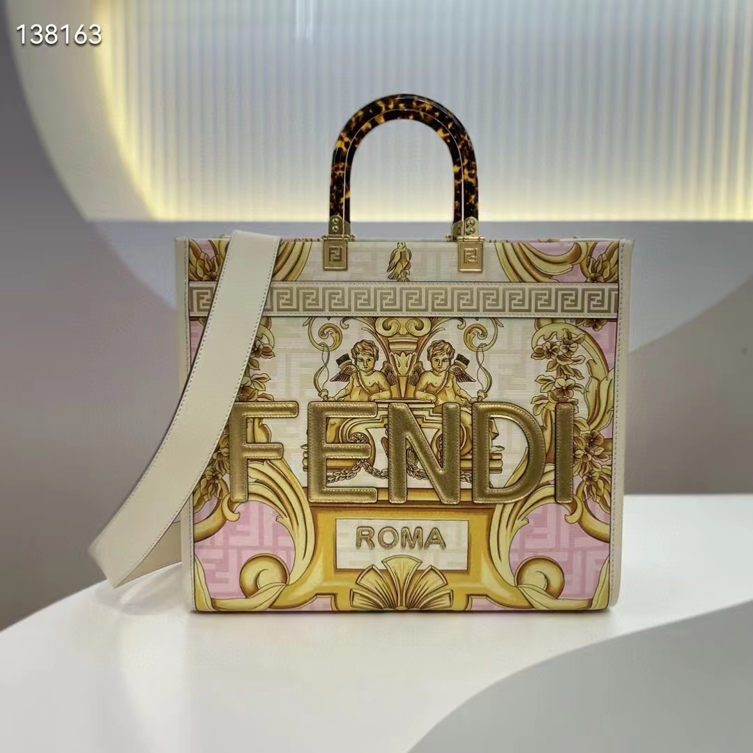 Fendi Women Fendi Sunshine Medium Fendace Printed FF White Leather Shopper
