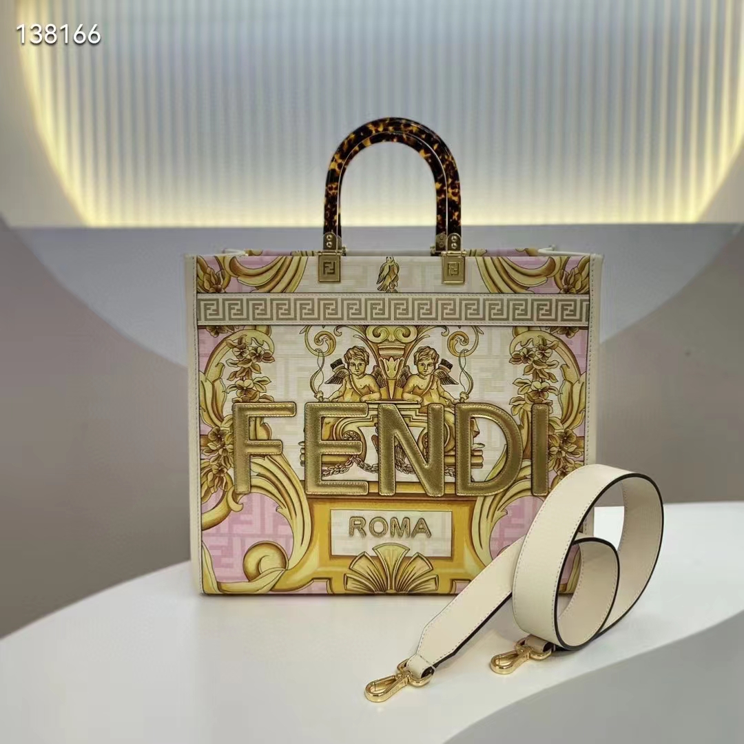 Fendi Women Fendi Sunshine Medium Fendace Printed FF White Leather Shopper