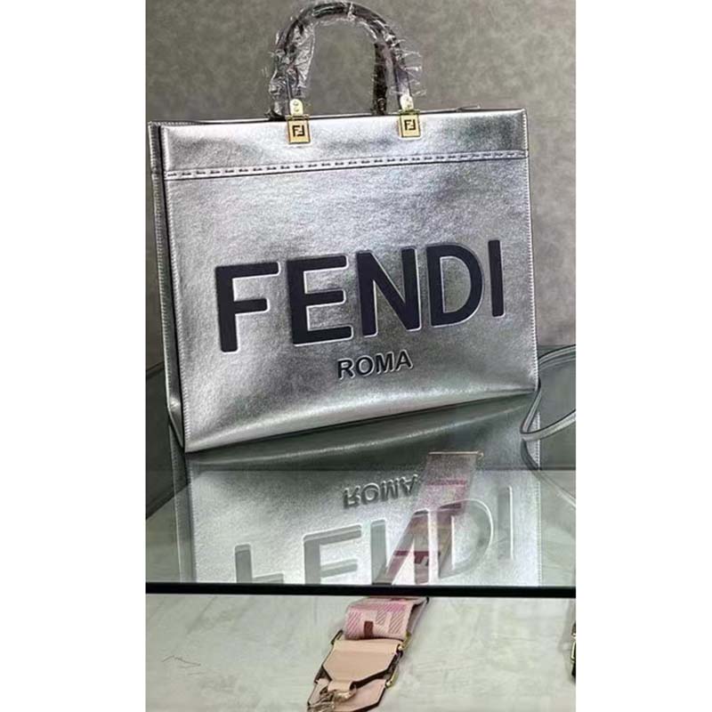 Fendi Women Fendi Sunshine Medium Silver Laminated Leather Shopper