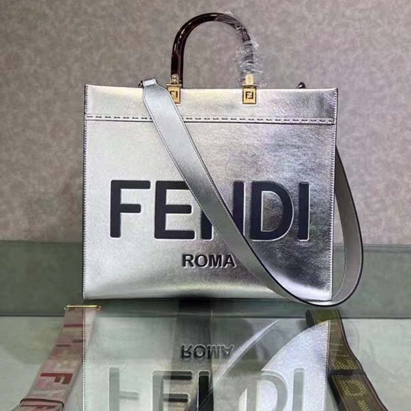 Fendi Women Fendi Sunshine Medium Silver Laminated Leather Shopper