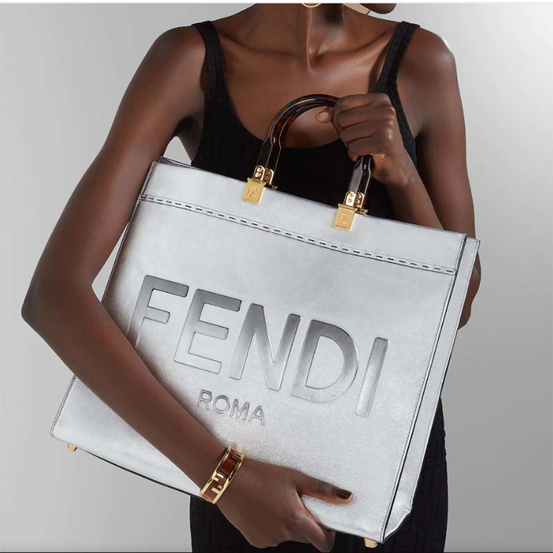 Fendi Women Fendi Sunshine Medium Silver Laminated Leather Shopper