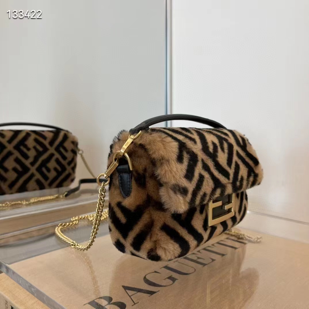 Fendi Women Mini Baguette Brown Sheepskin Sheep Fur Calfskin Bag