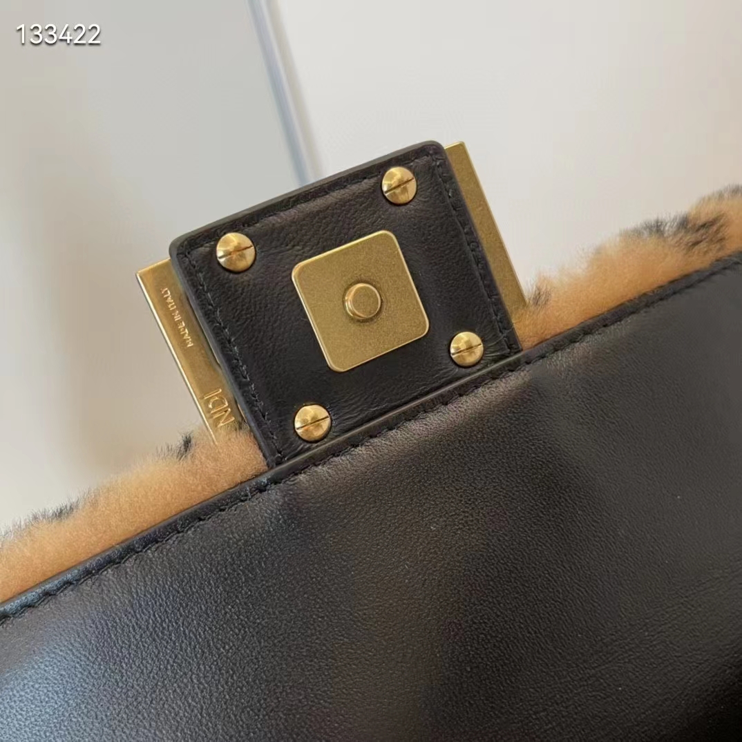 Fendi Women Mini Baguette Brown Sheepskin Sheep Fur Calfskin Bag