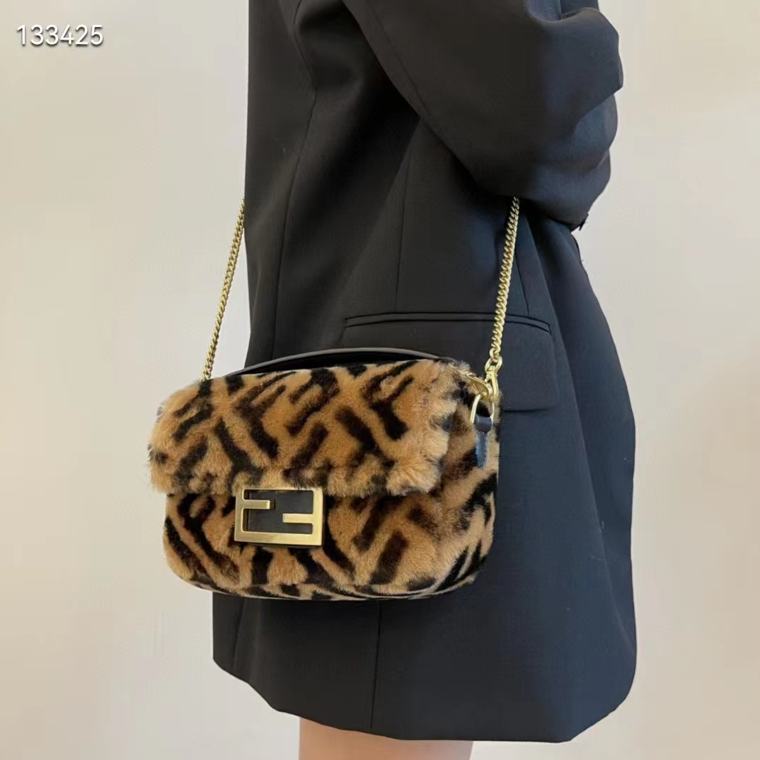 Fendi Women Mini Baguette Brown Sheepskin Sheep Fur Calfskin Bag