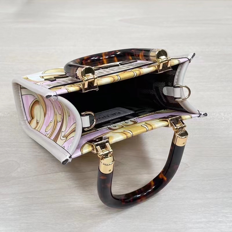 Fendi Women Mini Sunshine Shopper Fendace Printed White FF Leather Mini Bag
