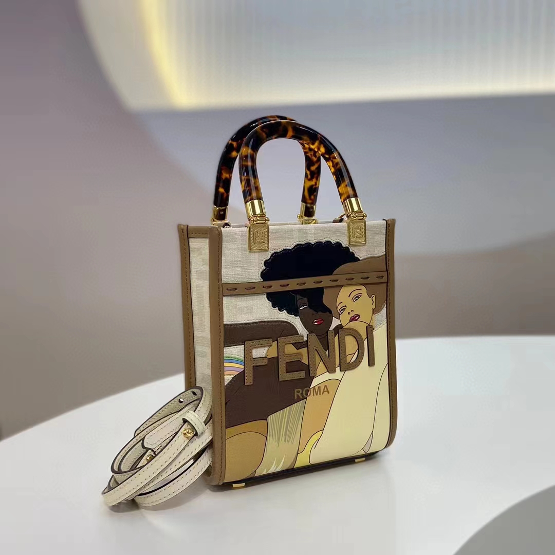 Fendi Women Mini Sunshine Shopper White FF Printed Fabric Mini Bag