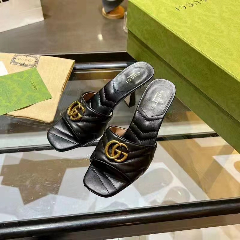 G*u*i women gg double g slide sandal black chevron matelassé leather 7.6 cm heel