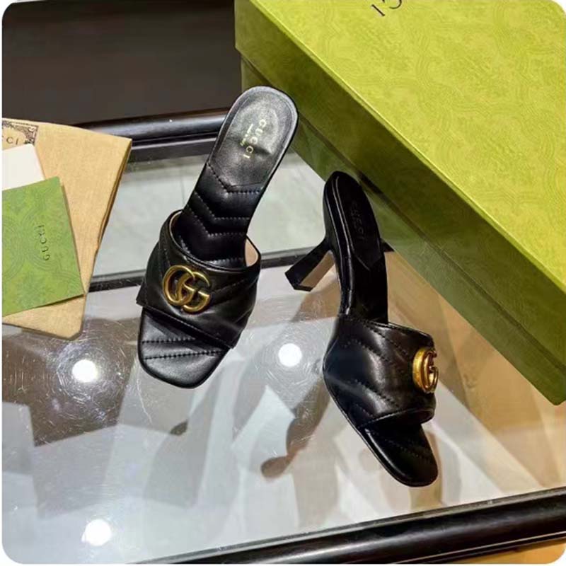 G*u*i women gg double g slide sandal black chevron matelassé leather 7.6 cm heel
