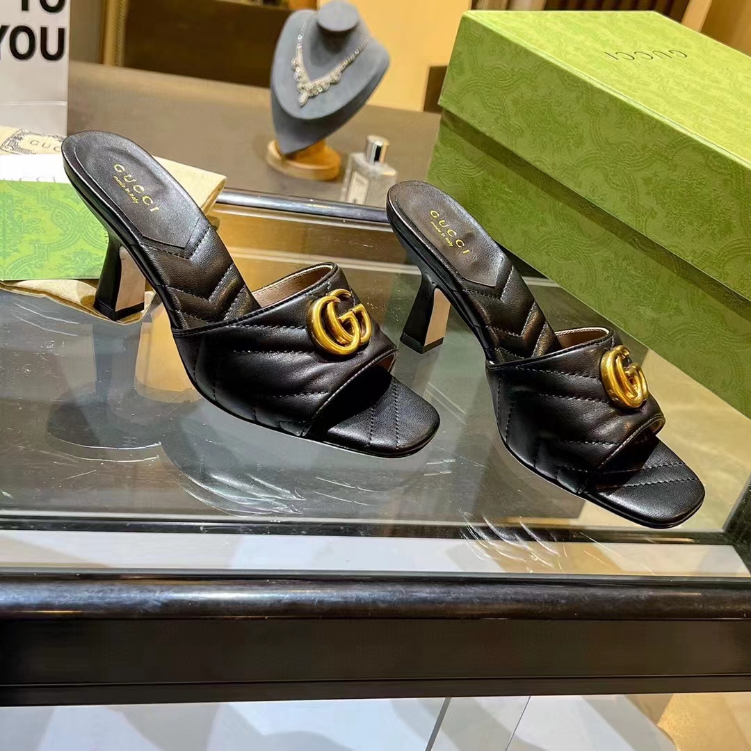 G*u*i women gg double g slide sandal black chevron matelassé leather 7.6 cm heel