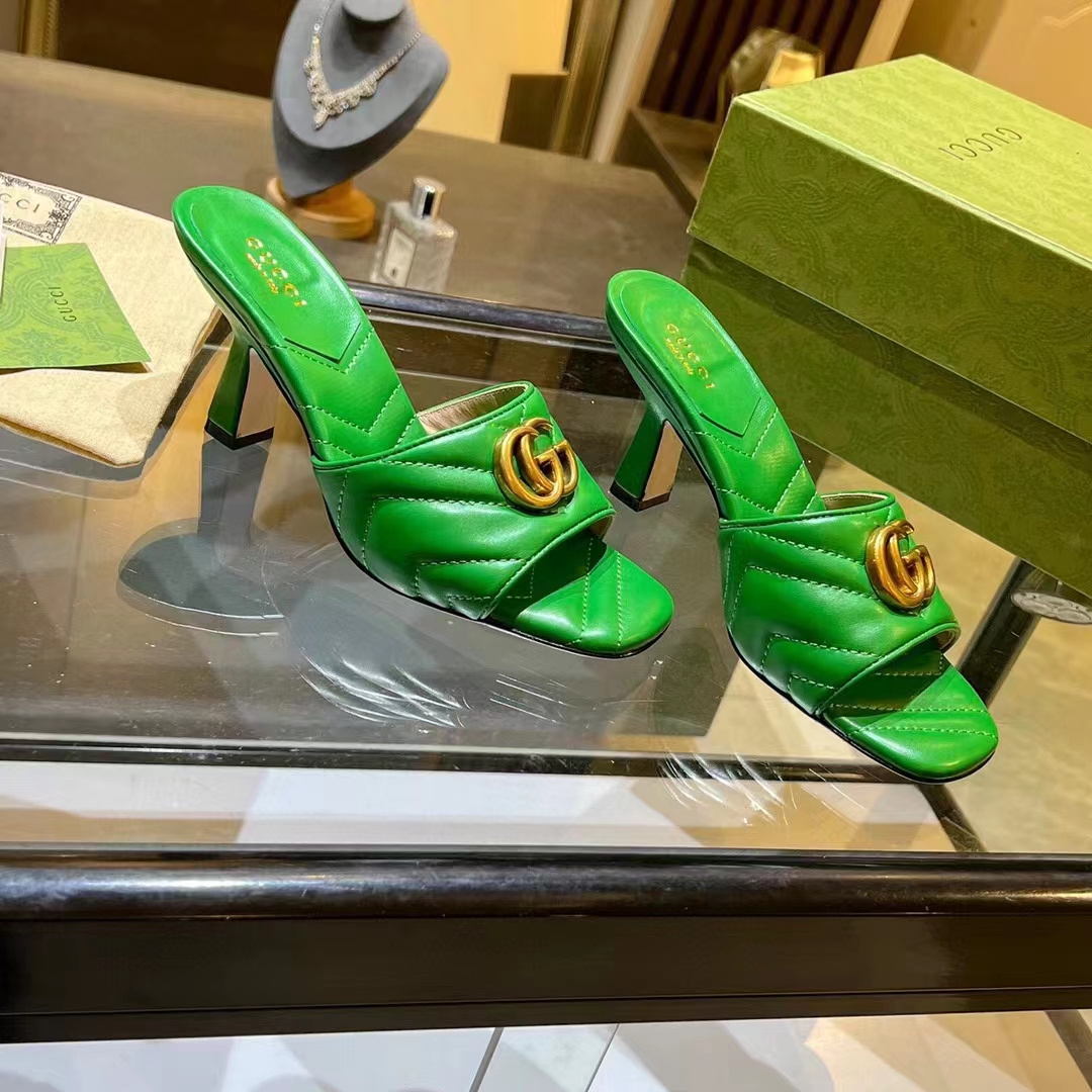 G*u*i women gg double g slide sandal emerald green chevron matelassé leather 7.6 cm heel