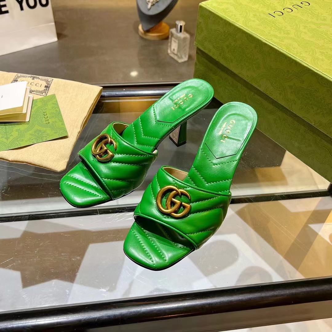G*u*i women gg double g slide sandal emerald green chevron matelassé leather 7.6 cm heel