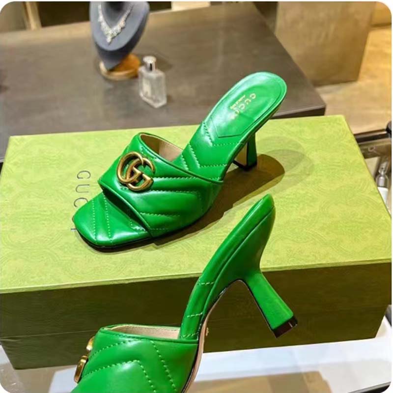 G*u*i women gg double g slide sandal emerald green chevron matelassé leather 7.6 cm heel