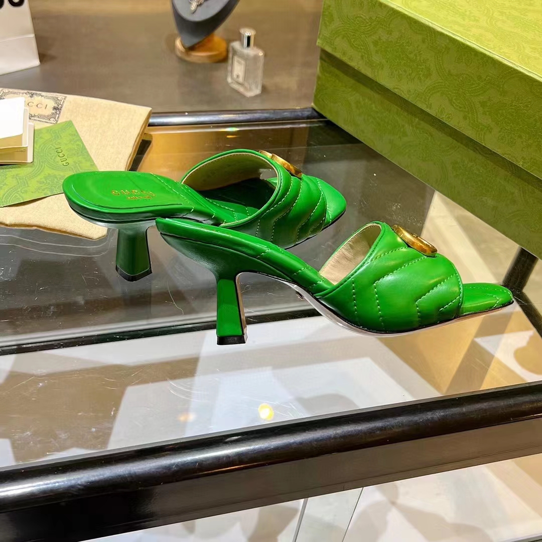 G*u*i women gg double g slide sandal emerald green chevron matelassé leather 7.6 cm heel