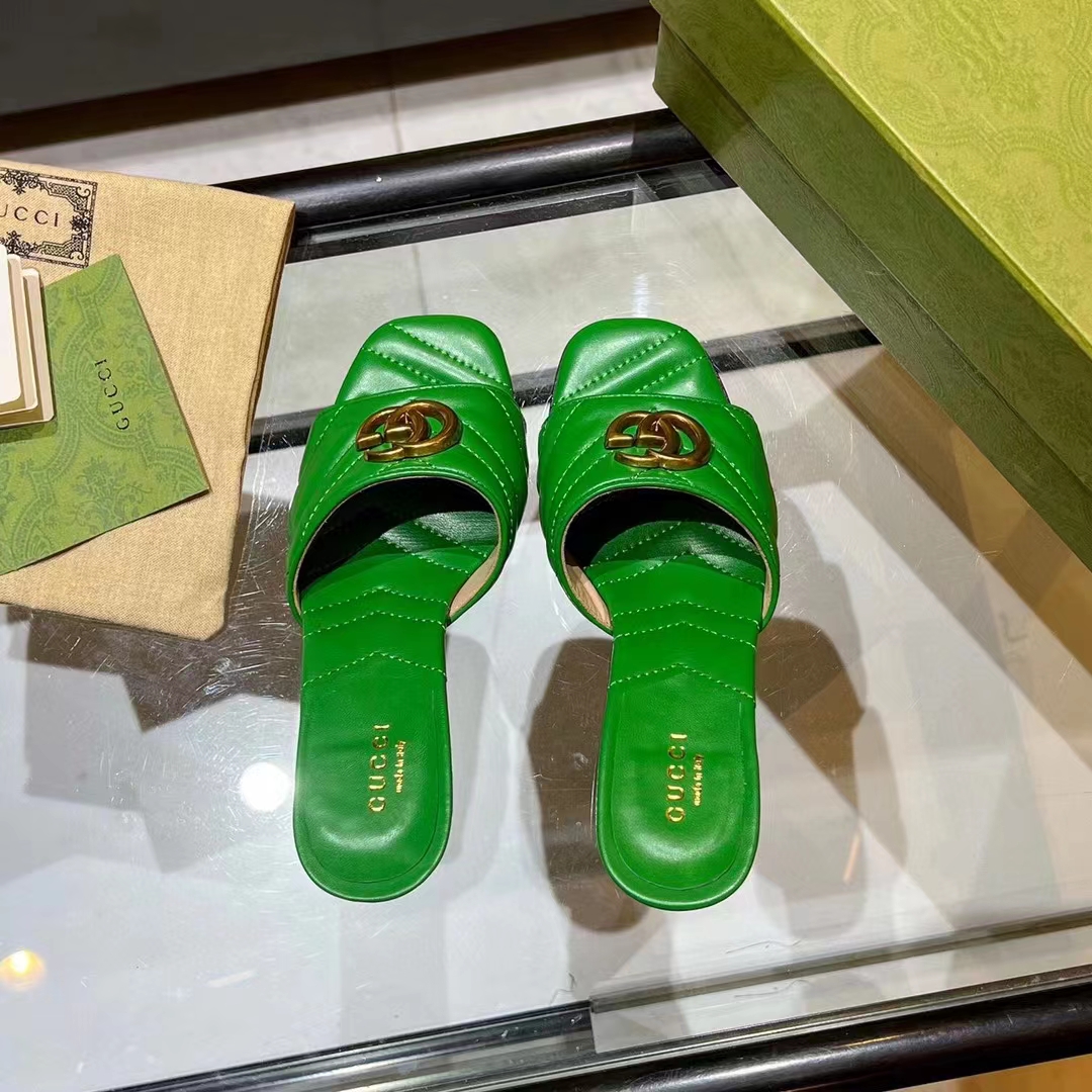 G*u*i women gg double g slide sandal emerald green chevron matelassé leather 7.6 cm heel