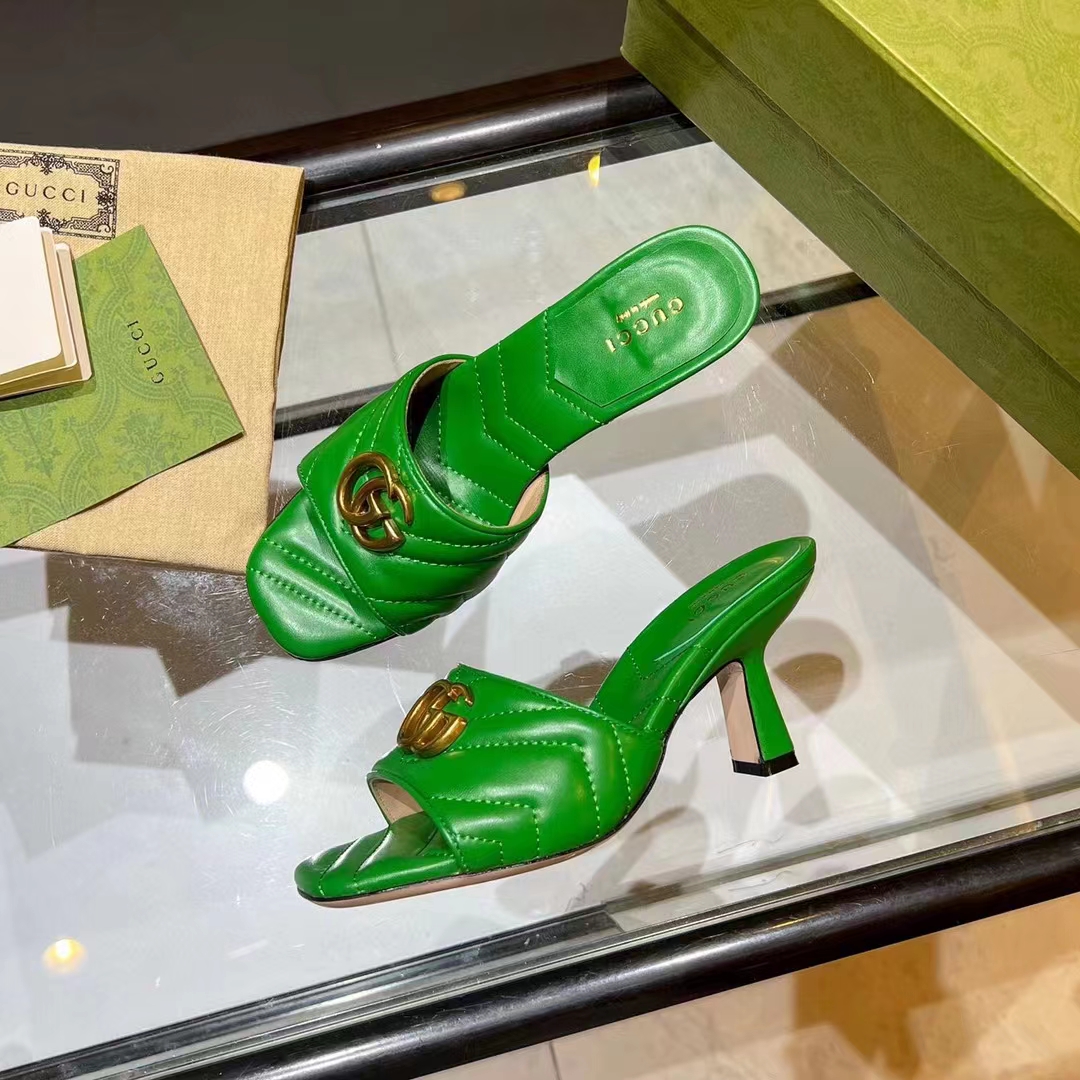 G*u*i women gg double g slide sandal emerald green chevron matelassé leather 7.6 cm heel