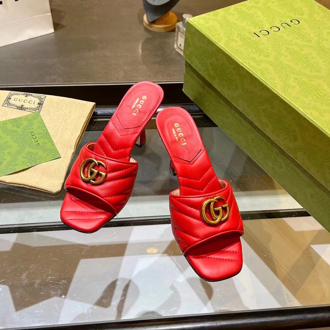 G*u*i women gg double g slide sandal red chevron matelassé leather 7.6 cm heel