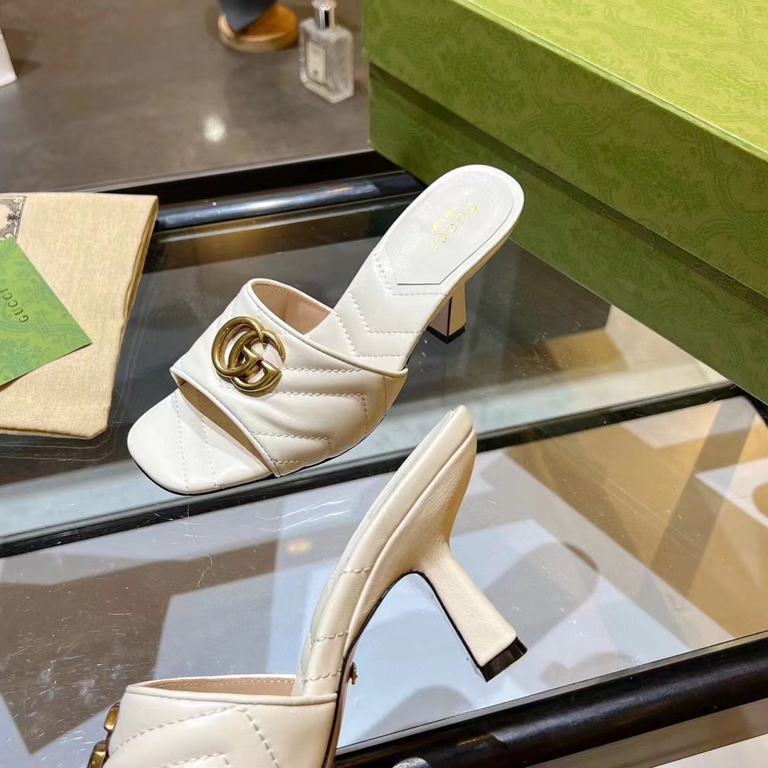 G*u*i women gg double g slide sandal white chevron matelassé leather 7.6 cm heel