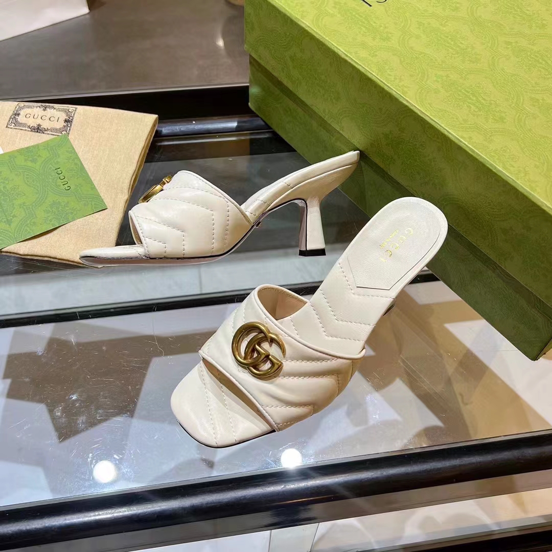 G*u*i women gg double g slide sandal white chevron matelassé leather 7.6 cm heel