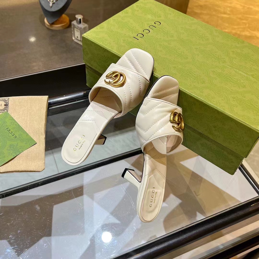G*u*i women gg double g slide sandal white chevron matelassé leather 7.6 cm heel