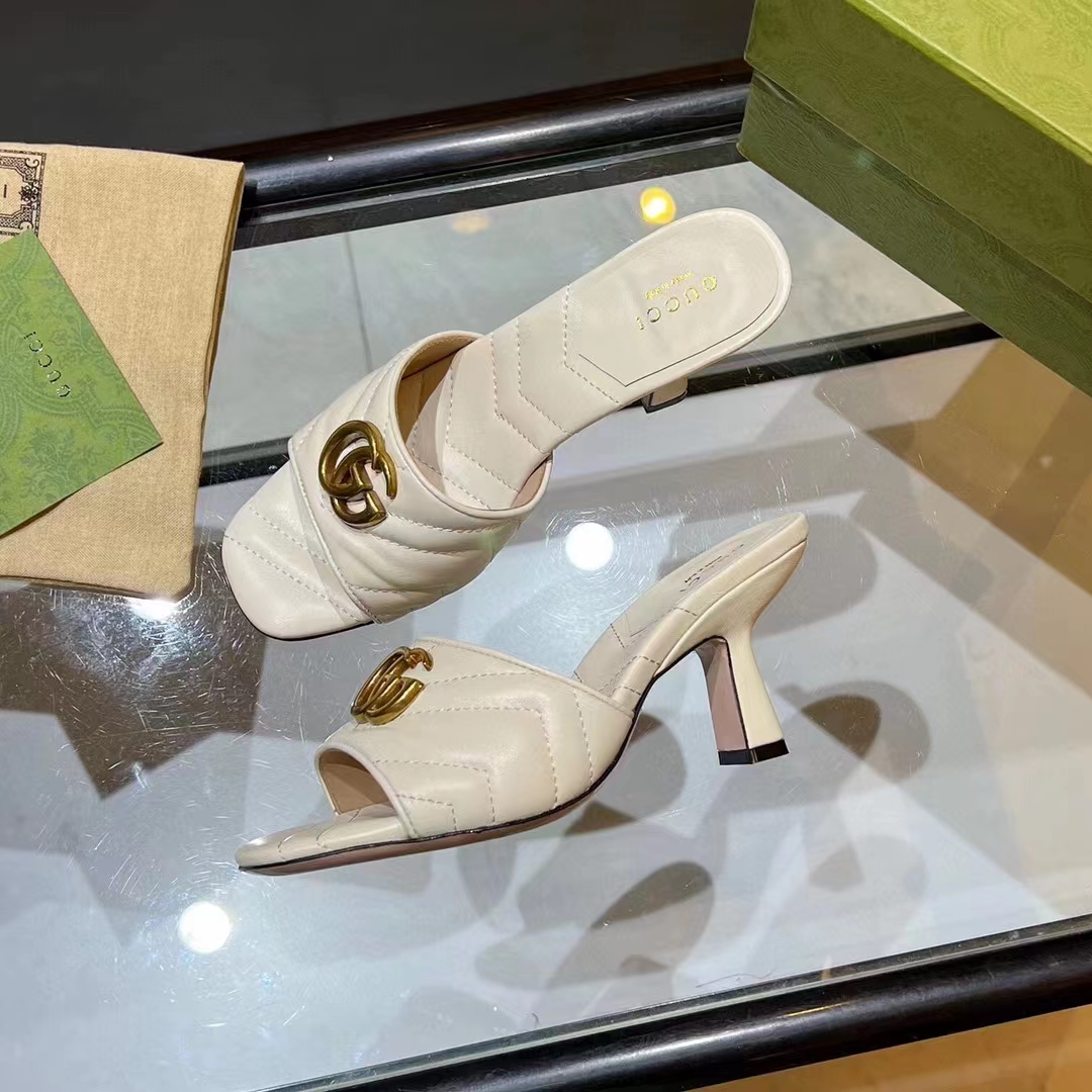 G*u*i women gg double g slide sandal white chevron matelassé leather 7.6 cm heel