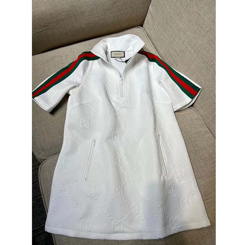 G*u*i women gg jersey jacquard dress white high neck polyester green red web
