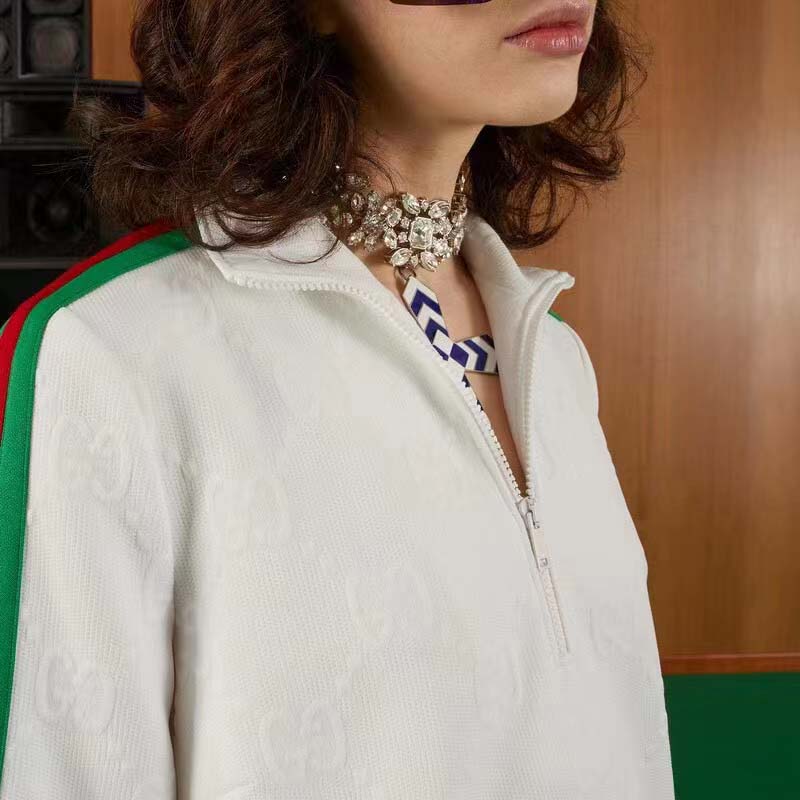 G*u*i women gg jersey jacquard dress white high neck polyester green red web