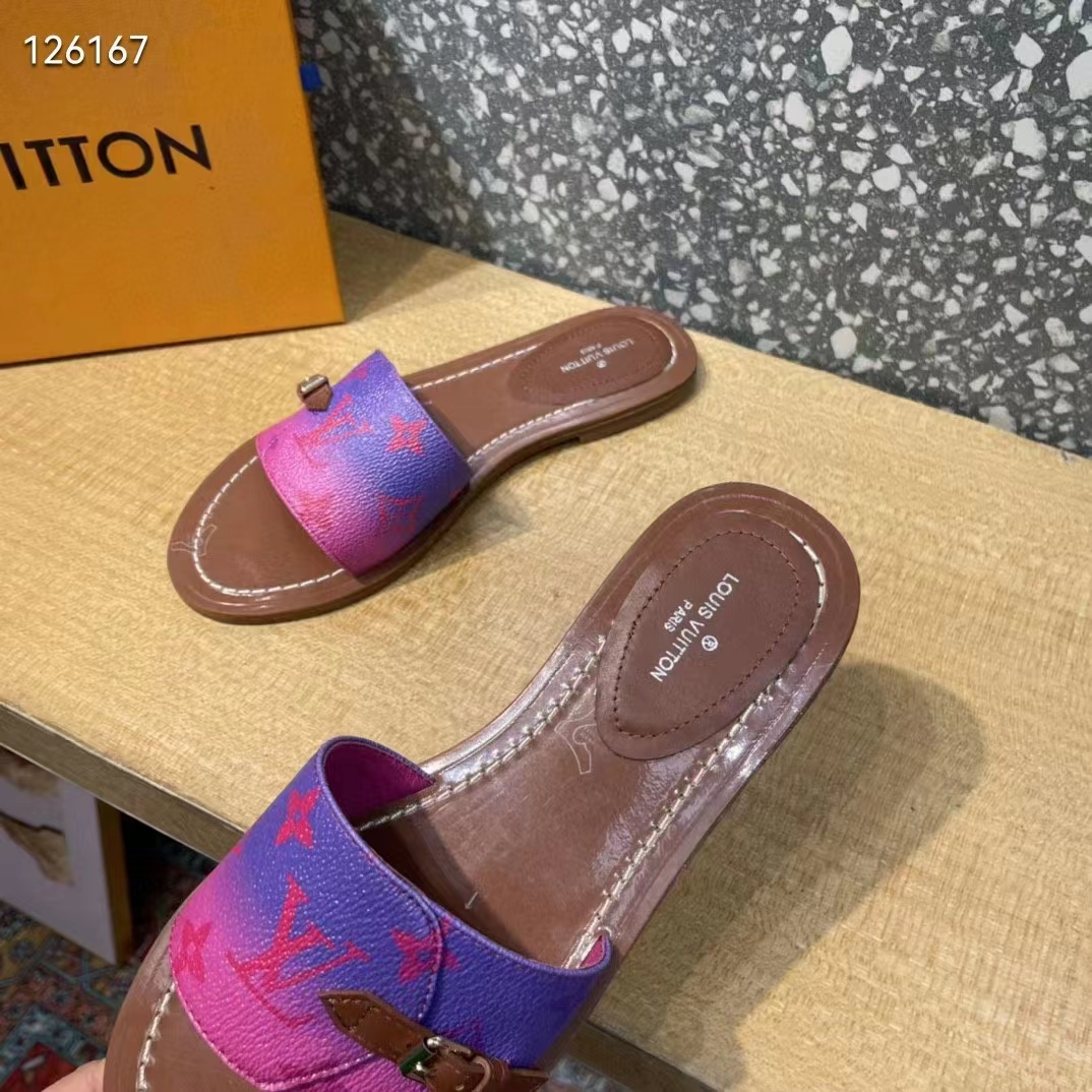 Louis Vuitton LV Women Lock It Flat Mule Fuchsia Pink Patent Monogram Canvas