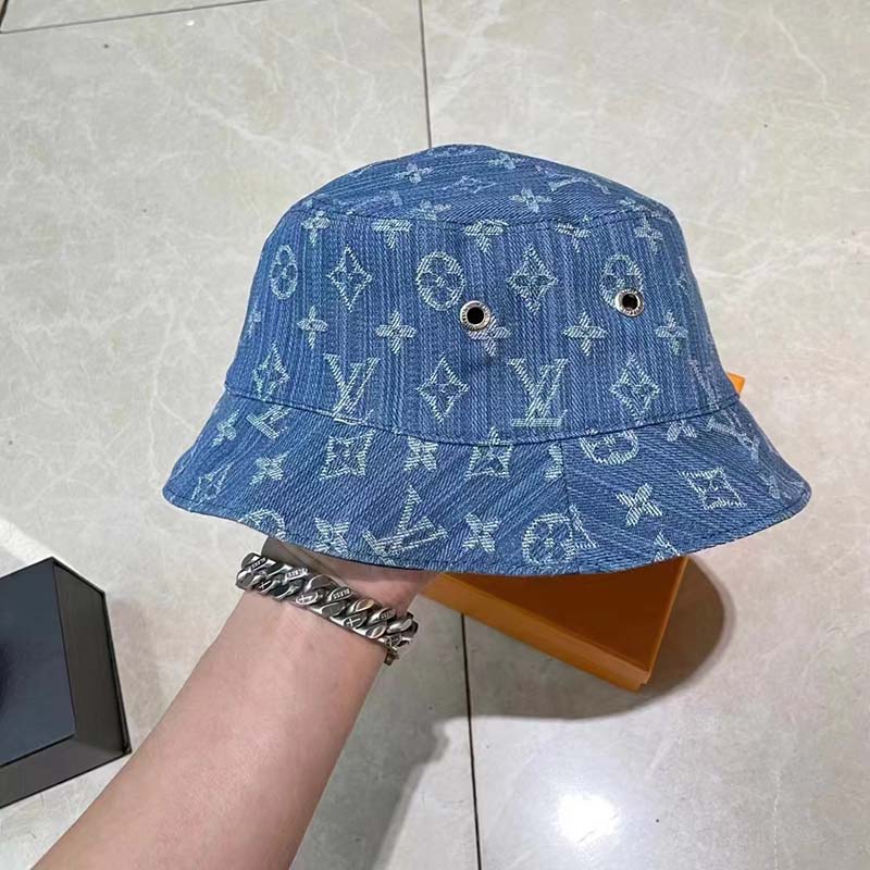 Louis Vuitton Unisex Monogram Essential Bucket Hat Blue Cotton Foil LV Signature