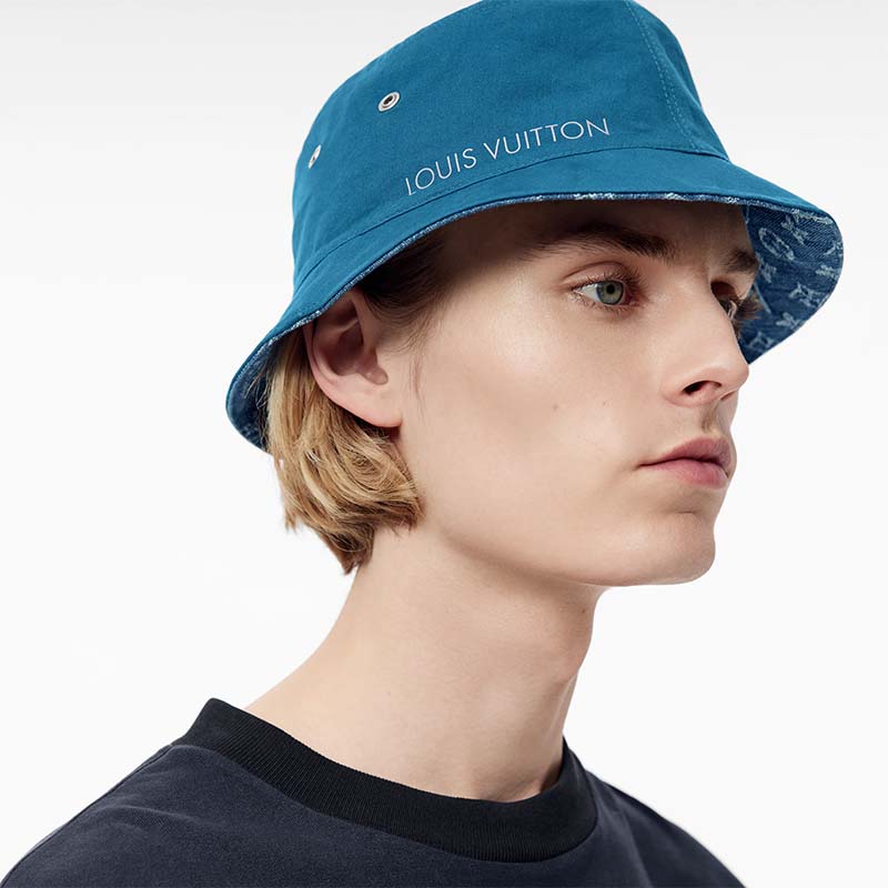 Louis Vuitton Unisex Monogram Essential Bucket Hat Blue Cotton Foil LV Signature