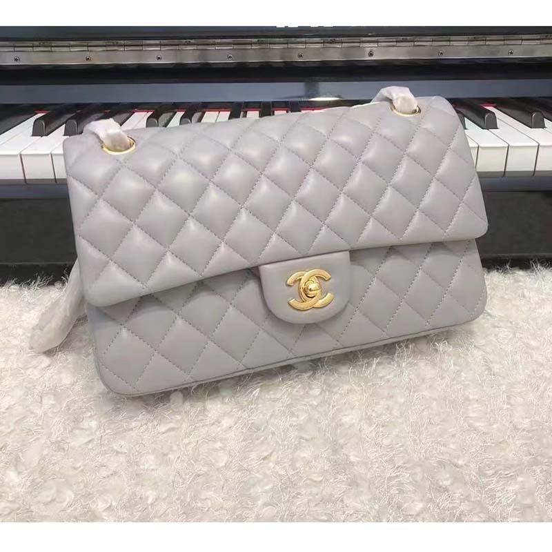 Chanel Women CC Large Classic Handbag Lambskin Gold-Tone Metal Dark Gray
