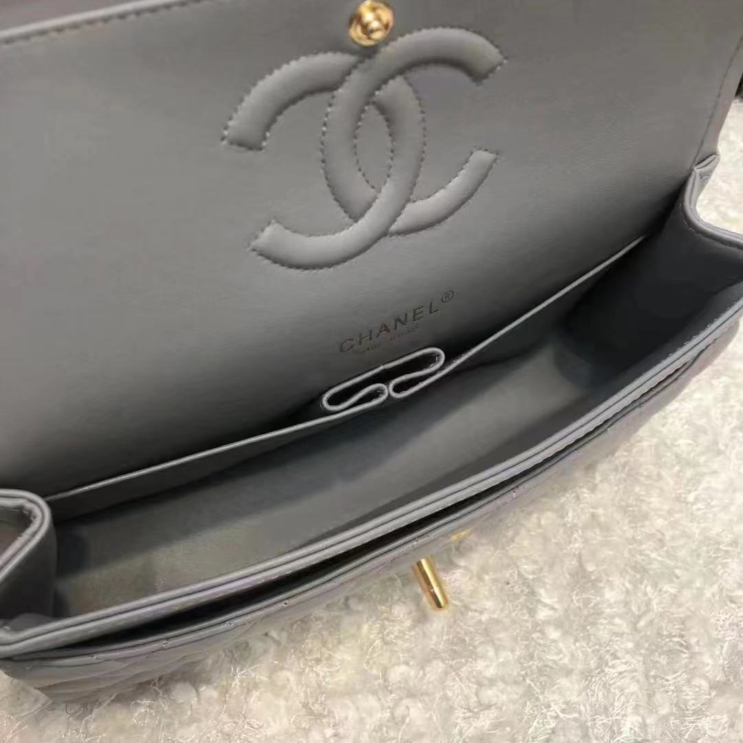 Chanel Women CC Large Classic Handbag Lambskin Gold-Tone Metal Dark Gray