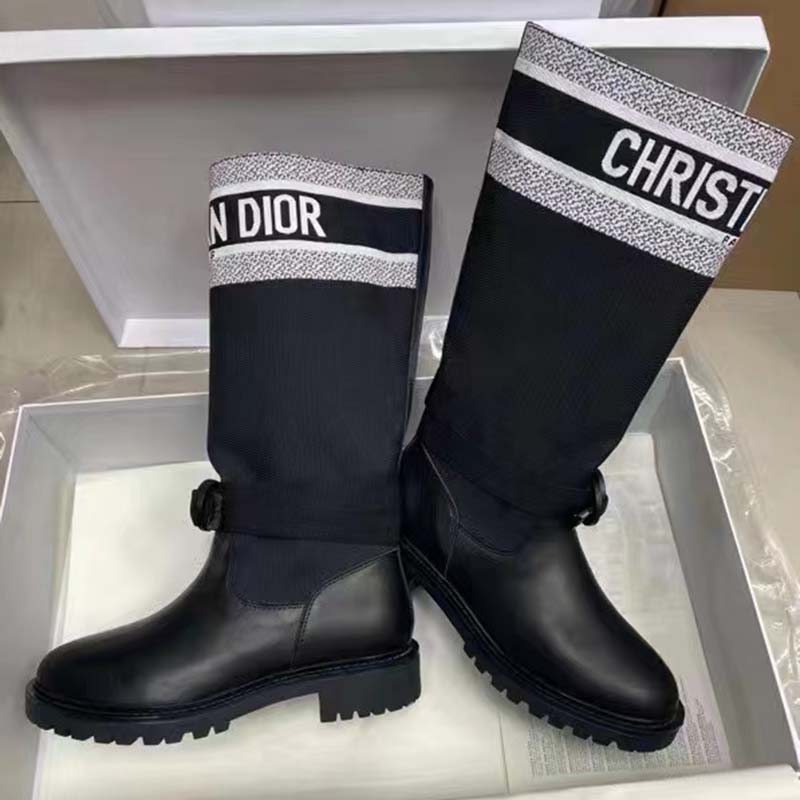 Dior Unisex CD Shoes D-Major Boot Black White Technical Fabric Black Calfskin