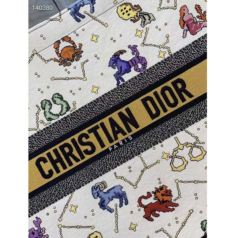 Dior Women CD Large Dior Book Tote Latte Multicolor Dior Pixel Zodiac Embroidery