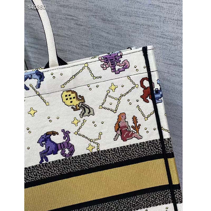 Dior Women CD Large Dior Book Tote Latte Multicolor Dior Pixel Zodiac Embroidery