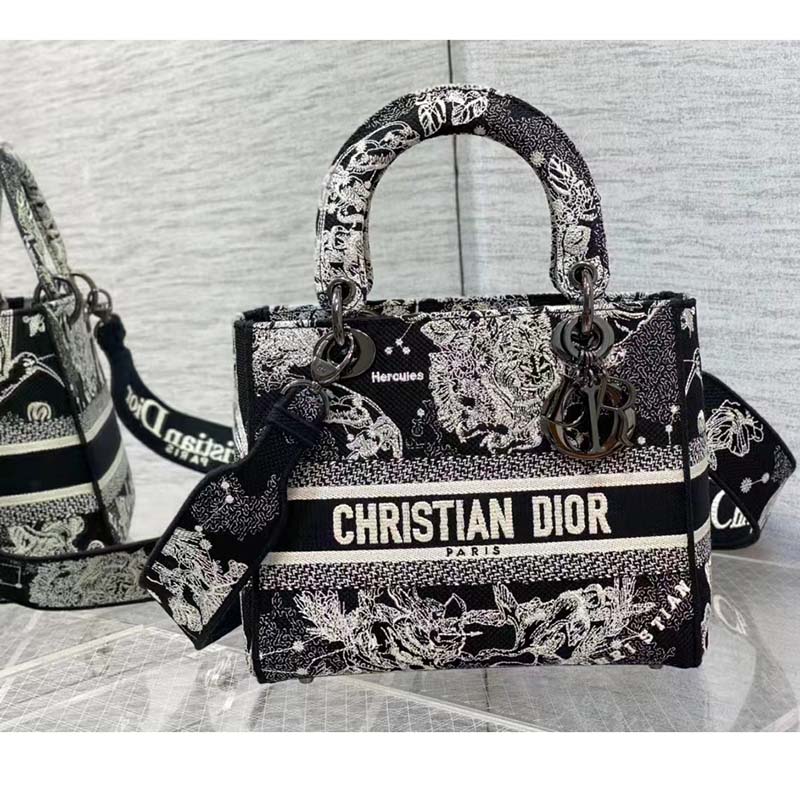 Dior Women CD Medium Lady D-Lite Bag Black Toile De Jouy Zodiac Embroidery
