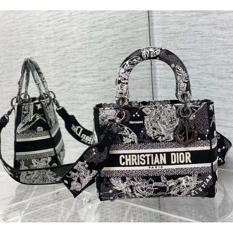 Dior Women CD Medium Lady D-Lite Bag Black Toile De Jouy Zodiac Embroidery
