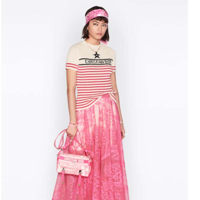 Dior Women CD Small Diorcamp Bag Transparent Canvas Fluorescent Pink Toile De Jouy