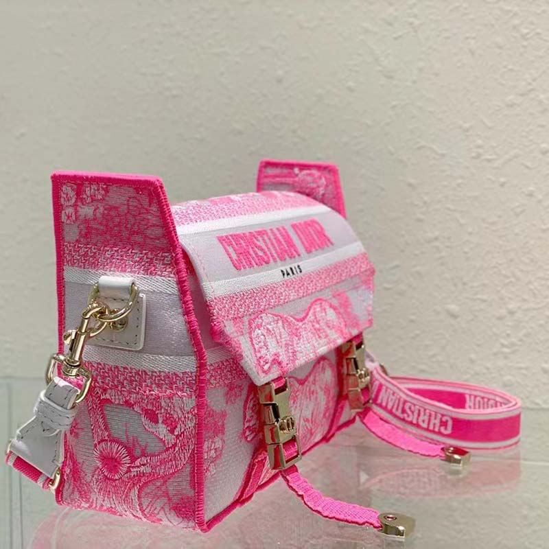 Dior Women CD Small Diorcamp Bag Transparent Canvas Fluorescent Pink Toile De Jouy