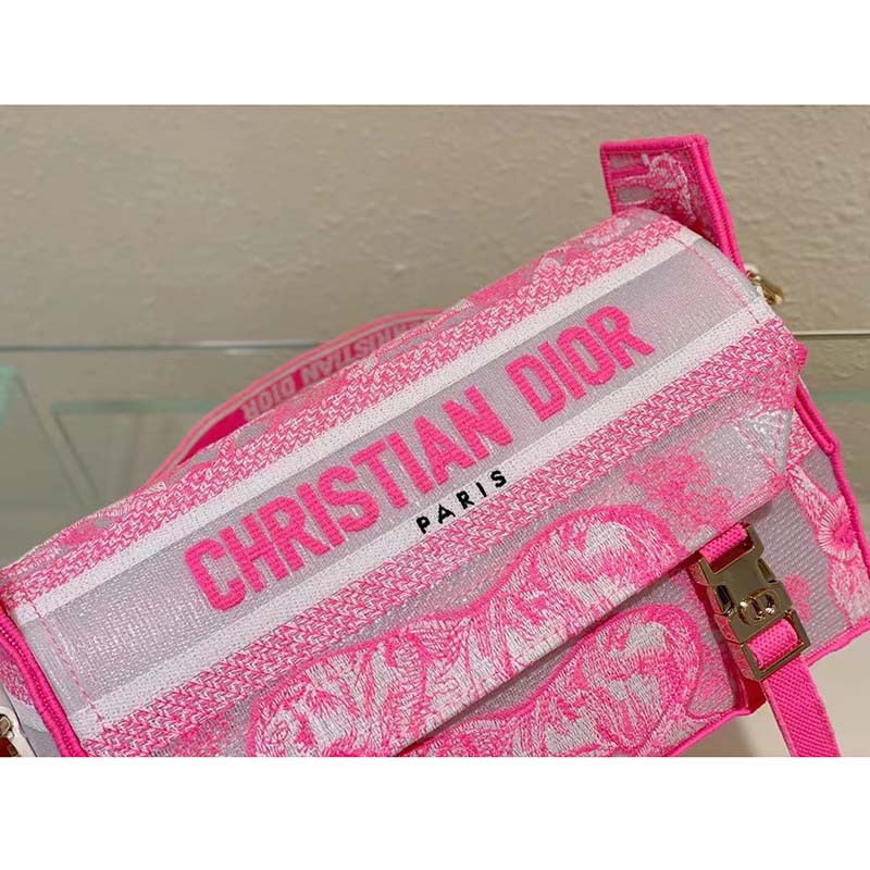 Dior Women CD Small Diorcamp Bag Transparent Canvas Fluorescent Pink Toile De Jouy