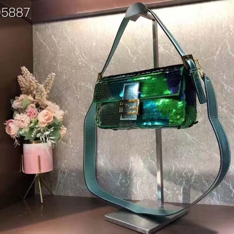 Fendi Women FF Baguette 1997 Green Leather Sequinned Bag
