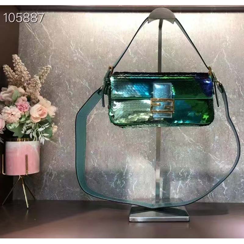 Fendi Women FF Baguette 1997 Green Leather Sequinned Bag