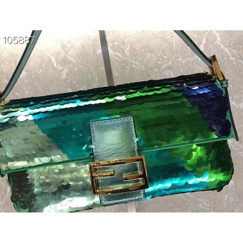 Fendi Women FF Baguette 1997 Green Leather Sequinned Bag