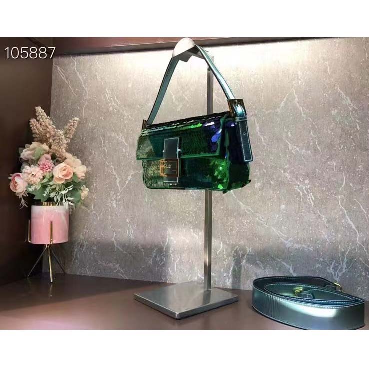 Fendi Women FF Baguette 1997 Green Leather Sequinned Bag