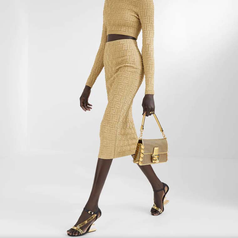 Fendi Women FF Baguette Brooch Fendace Bag Gold Perforated Leather
